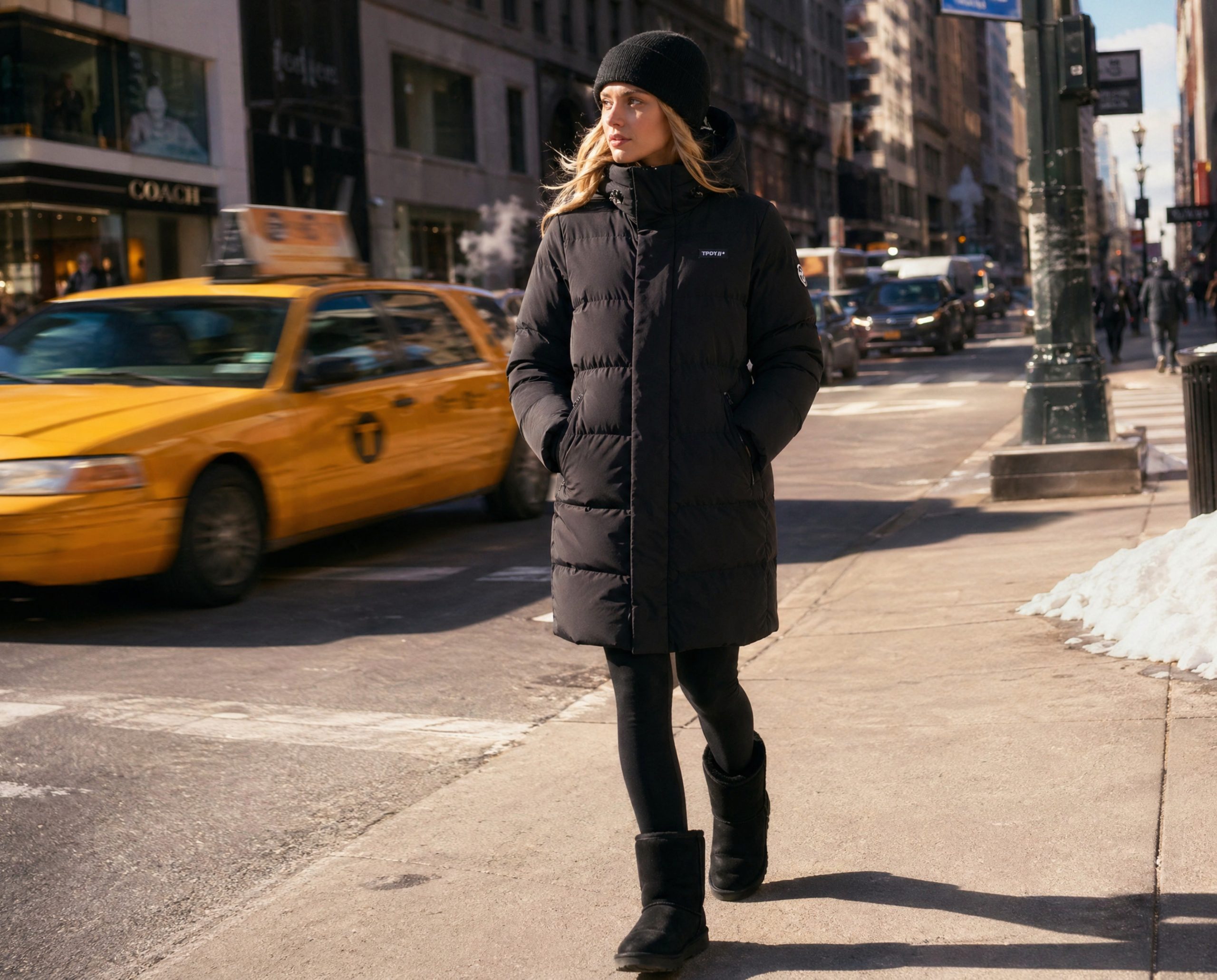 Longline Black Puffer Jacket with Black Leggings and Beanie — Winter Puffer Jacket Outfits