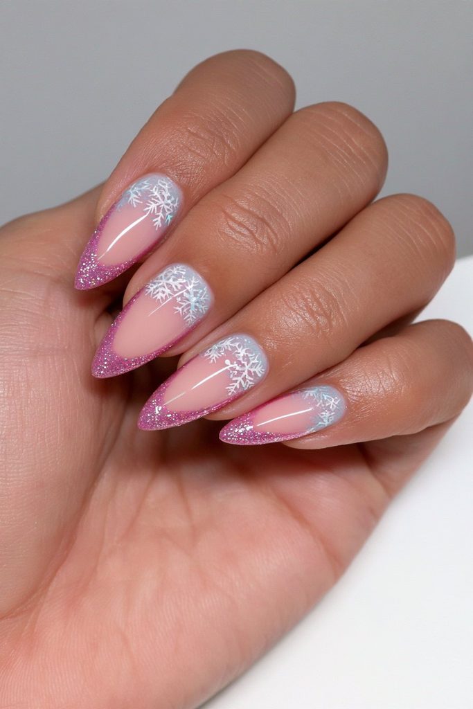 Nude Snowflake Pink Glitter French — Winter Acrylic Nails