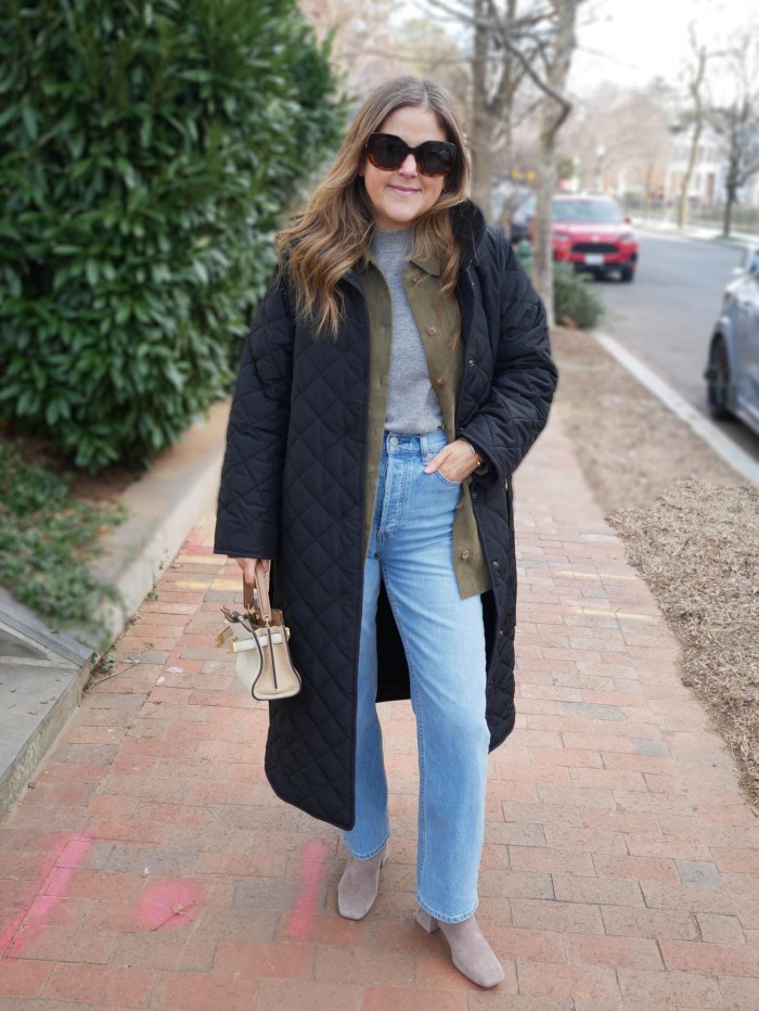 Light Wash Straight-Leg Jeans with Olive Green Shirt and Quilted Jacket Light Wash Straight-Leg Jeans with Olive Green Shirt and Quilted Jacket β Winter Outfits with Jeans