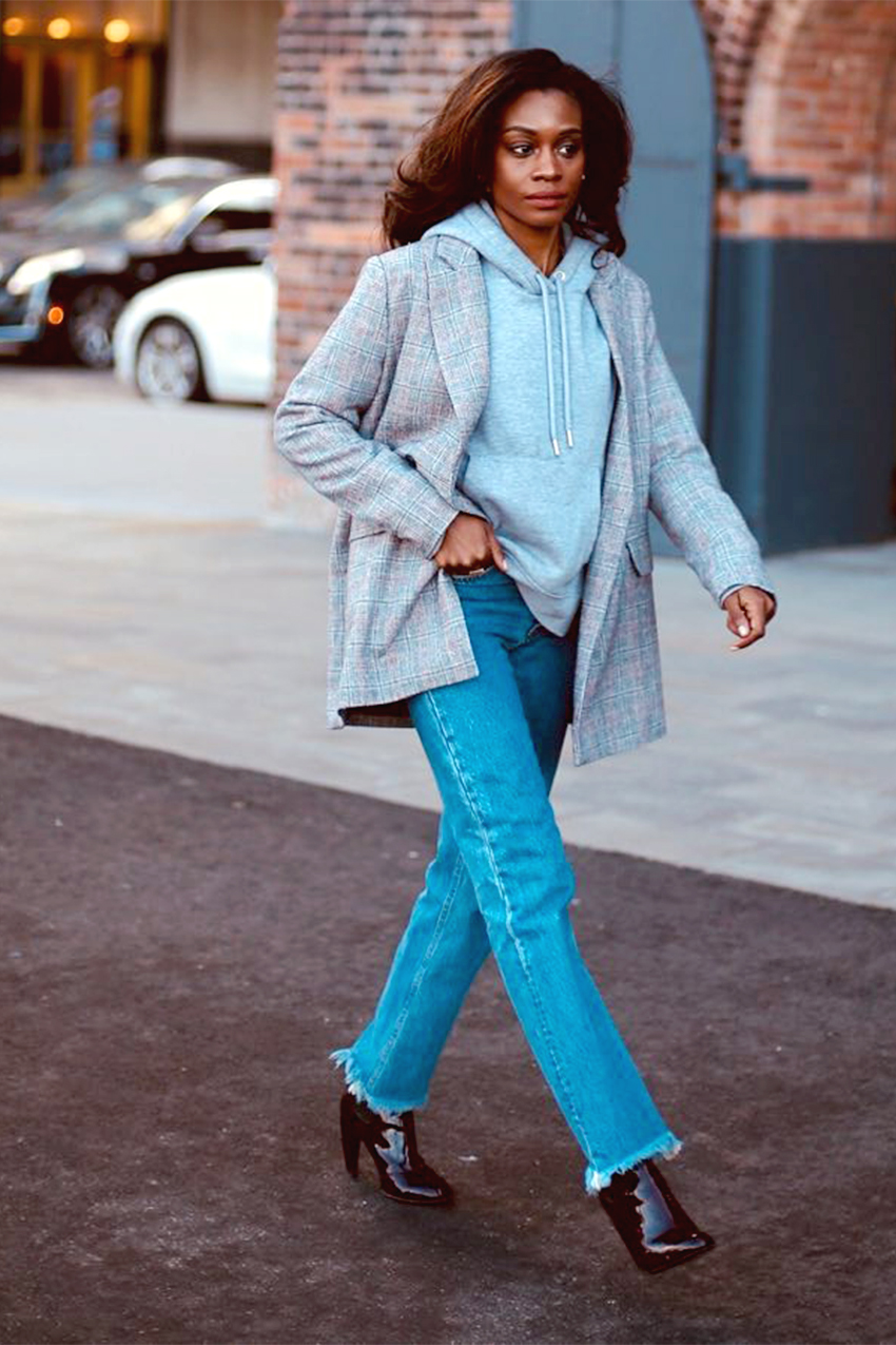 Grey Hoodie Under Plaid Blazer with Jeans — Hoodie Outfits