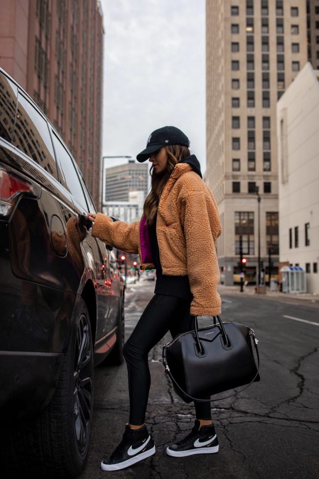 Teddy Jacket Layered Over Hoodie and Leggings Teddy Jacket Layered Over Hoodie and Leggings β Winter Athleisure Outfits