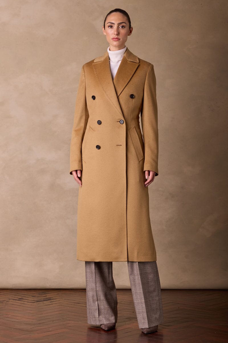 Oversized Camel Coat Over A Striped Top And Blue Jeans — Camel Coat Outfits