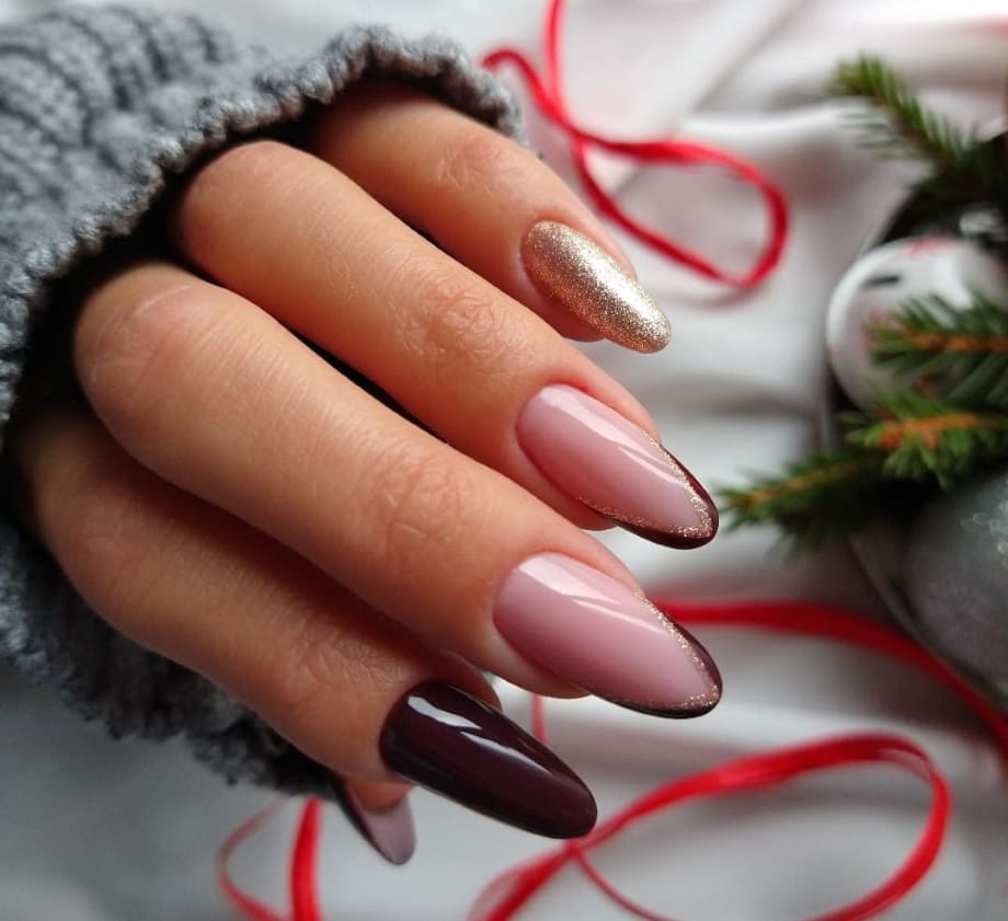 Nude Pink with Burgundy and Gold Glitter Nude Pink with Burgundy and Gold Glitter β New Years Almond Nails 2027