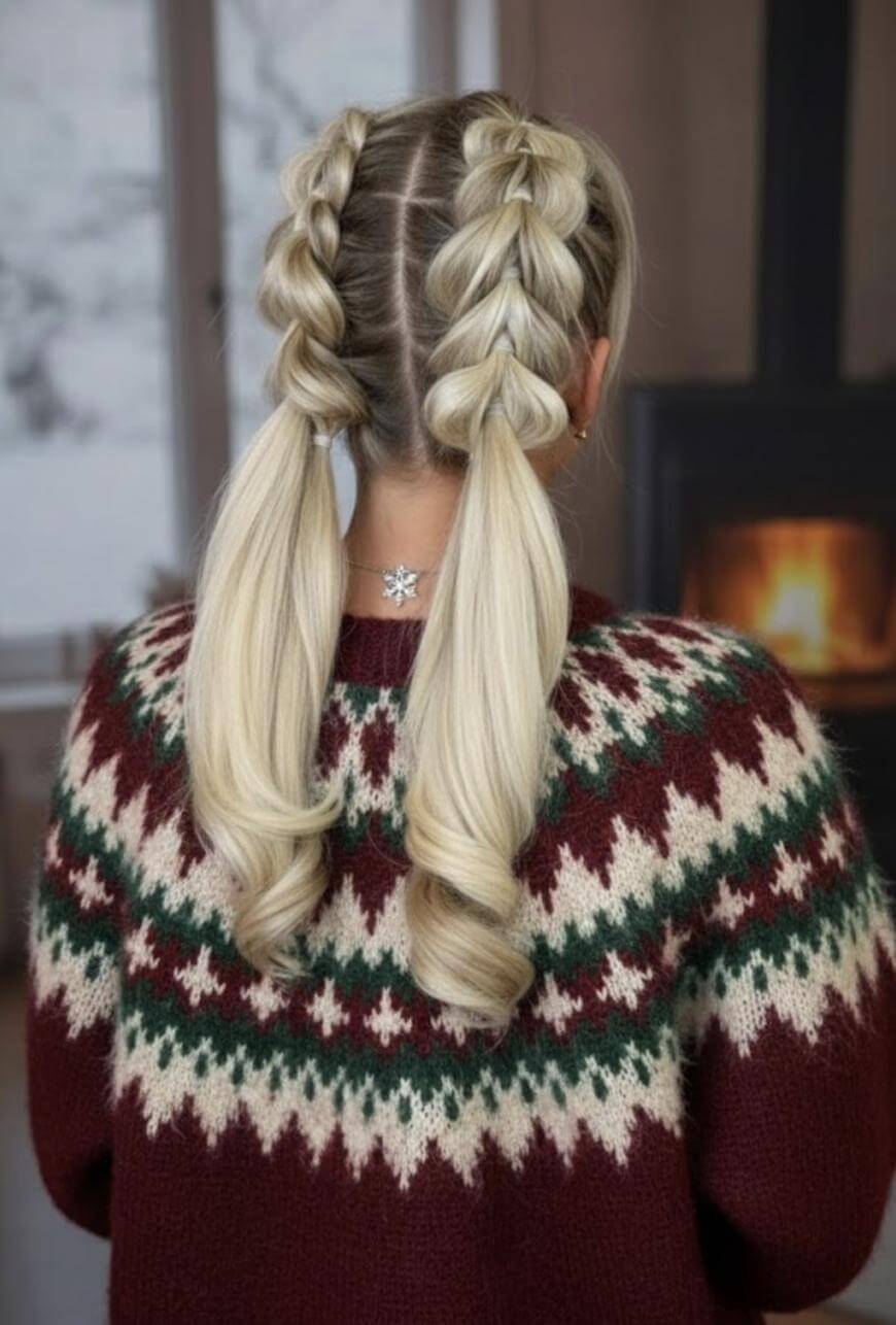 Platinum Dutch Braids Into Pigtails — Winter Hairstyles for Long Hair