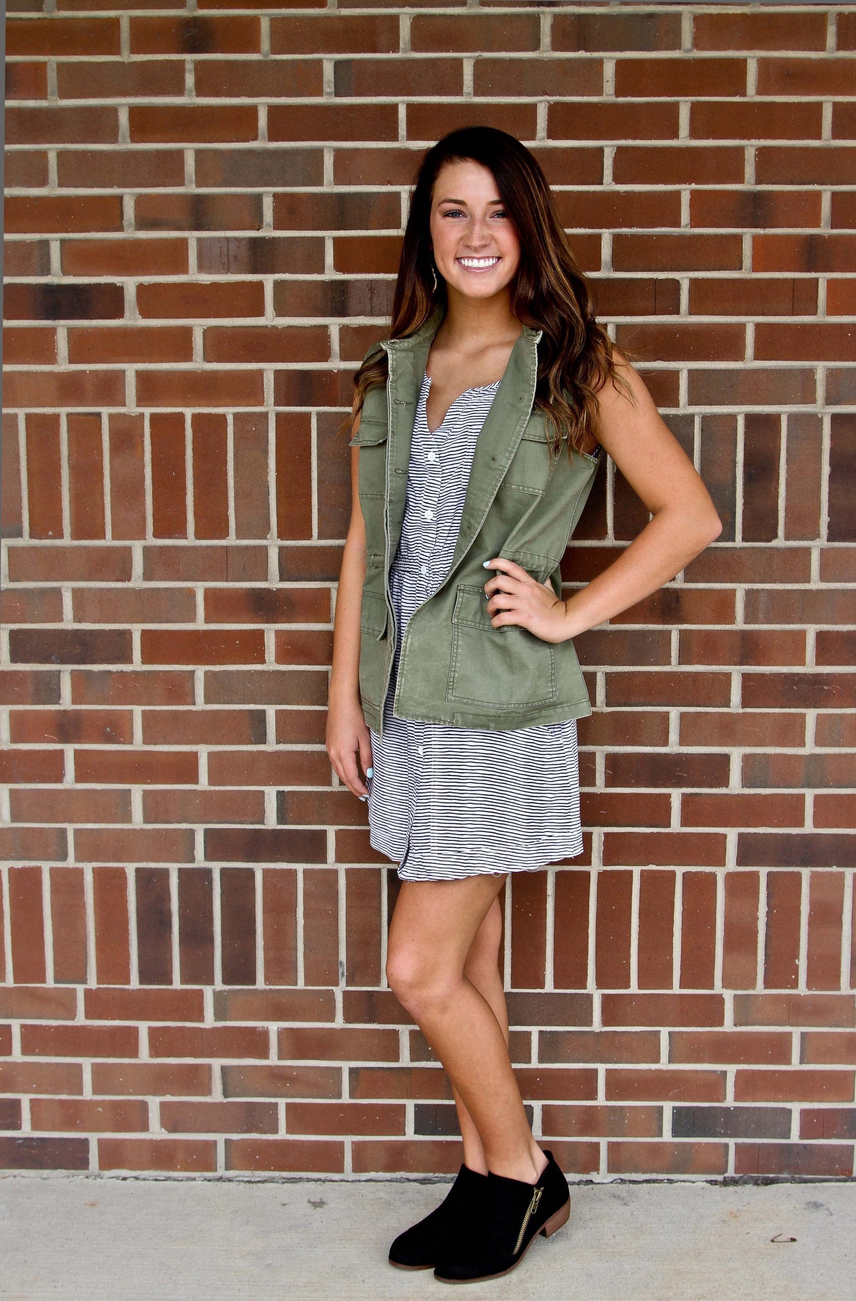 Casual Utility: Olive Vest, Shirt Dress, and Black Suede Boots Casual Utility: Olive Vest, Shirt Dress, and Black Suede Boots β Ankle Boots Outfits