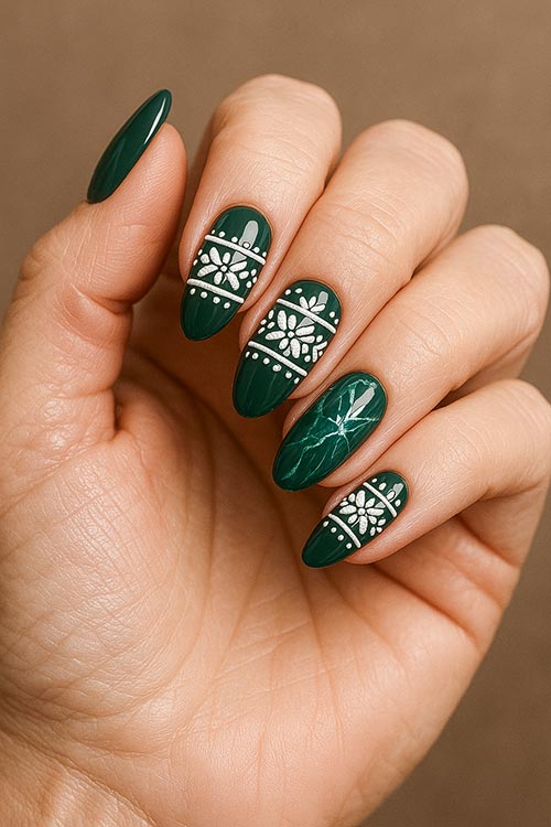 Forest Green Fair Isle Marble Nails Forest Green Fair Isle Marble Nails β Medium Christmas Nails 2026