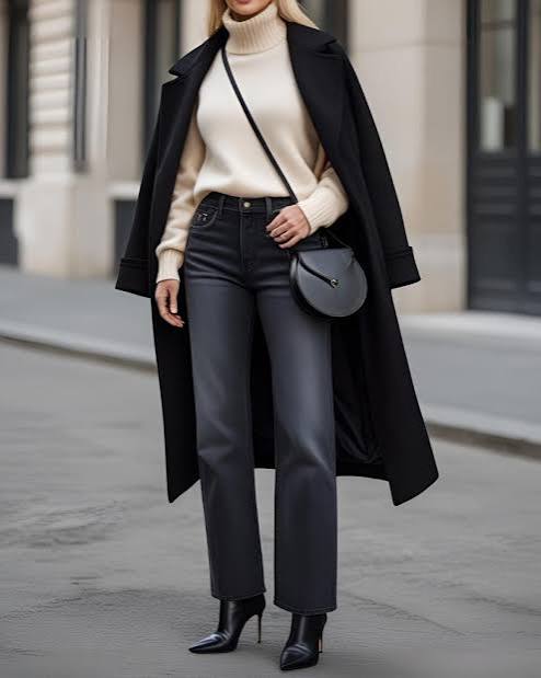 Modern Black Coat with Cream Sweater and Grey Jeans Modern Black Coat with Cream Sweater and Grey Jeans β Black Coat Outfits