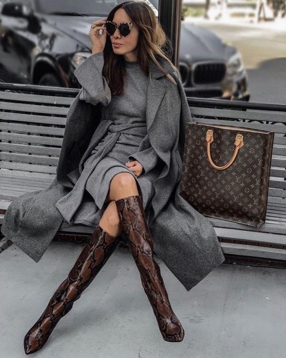Oversized Grey Wool Coat with Snakeskin Boots — Wool Coat Outfits