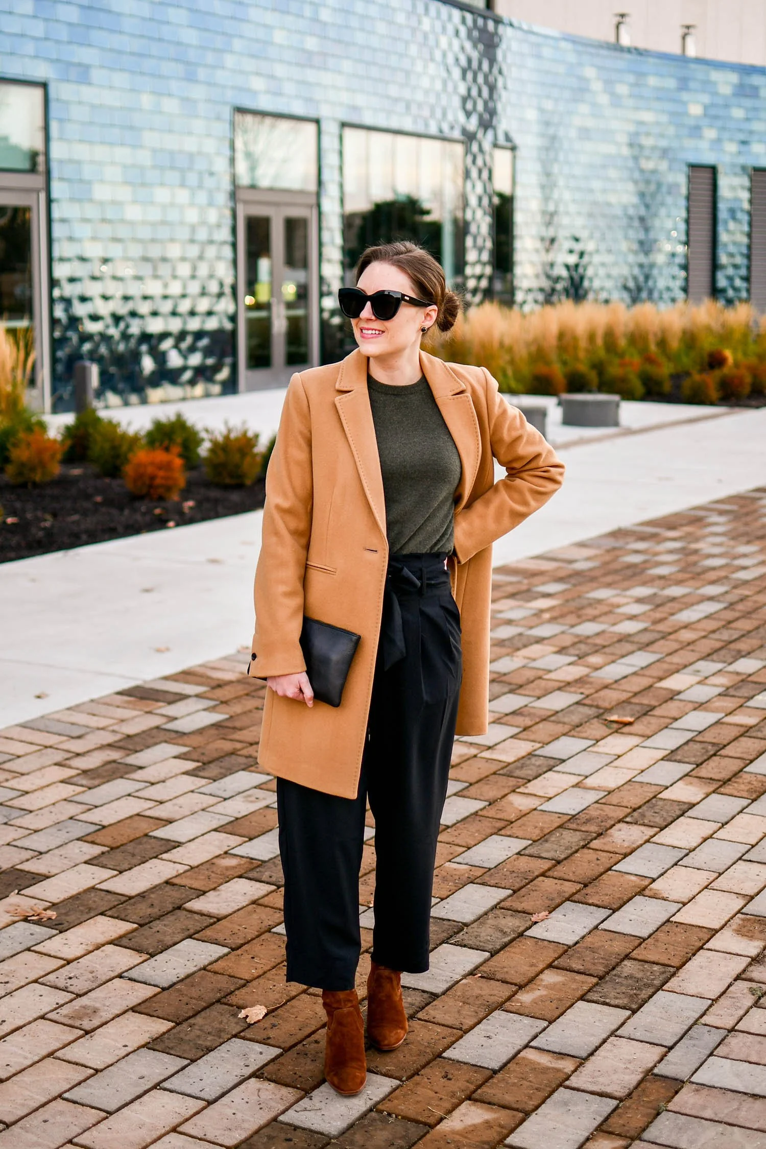 Camel Wool Coat Over a Crewneck Tee — Casual Winter Outfits