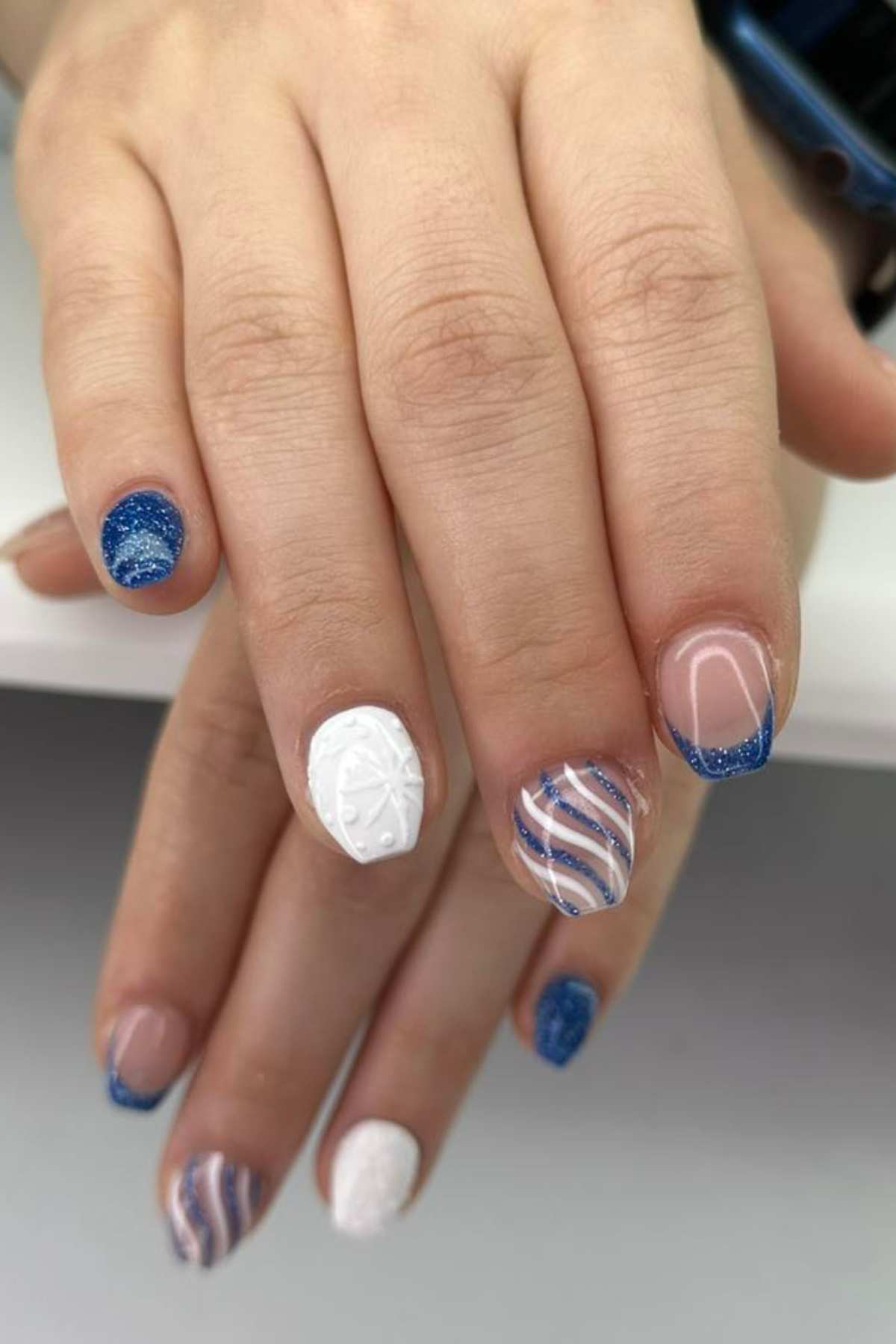 3D Snowflake Blue Glitter Stripes Short Square — Winter Nail Colors for Short Nails