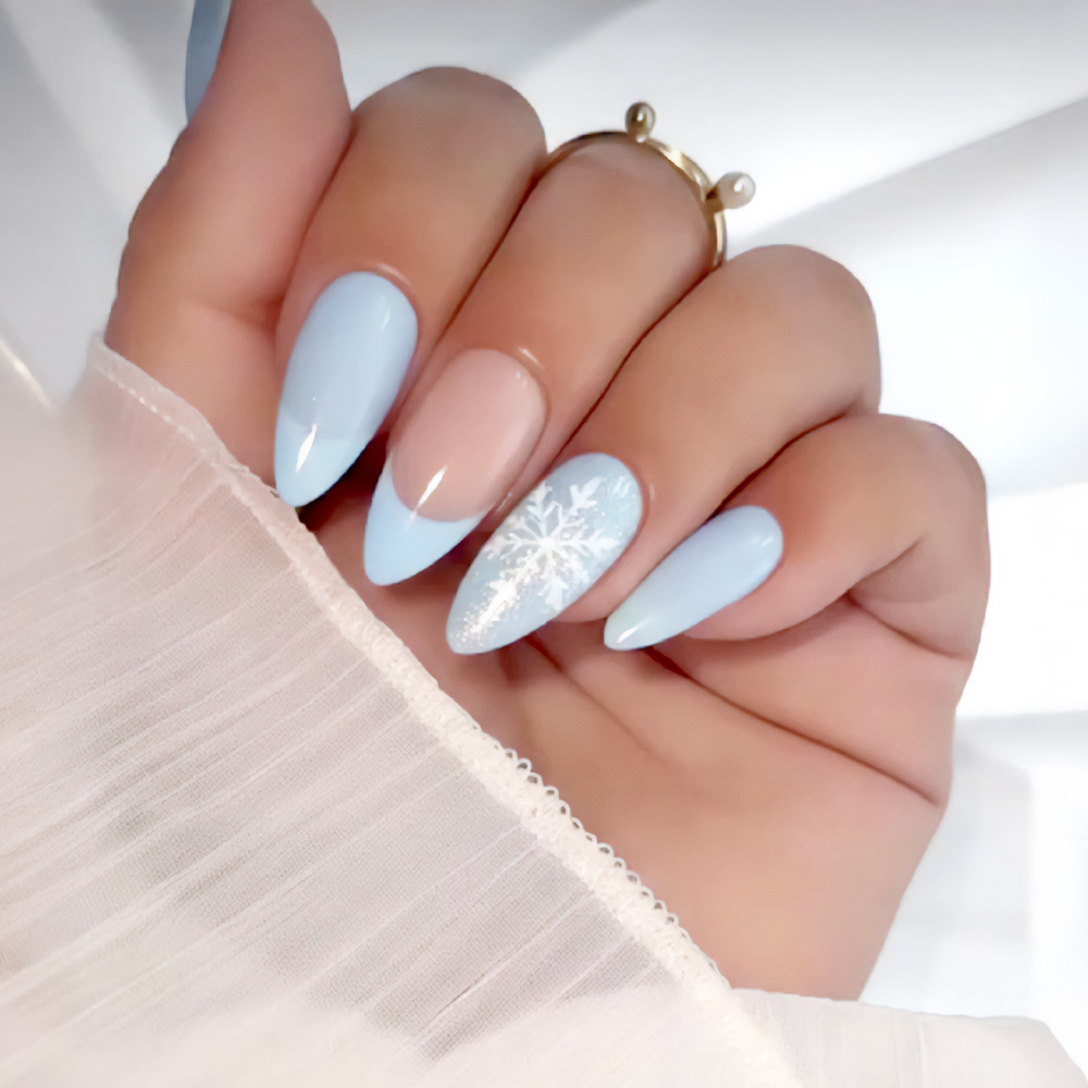 Pastel Blue Snowflake Accent — Simple Winter Nails