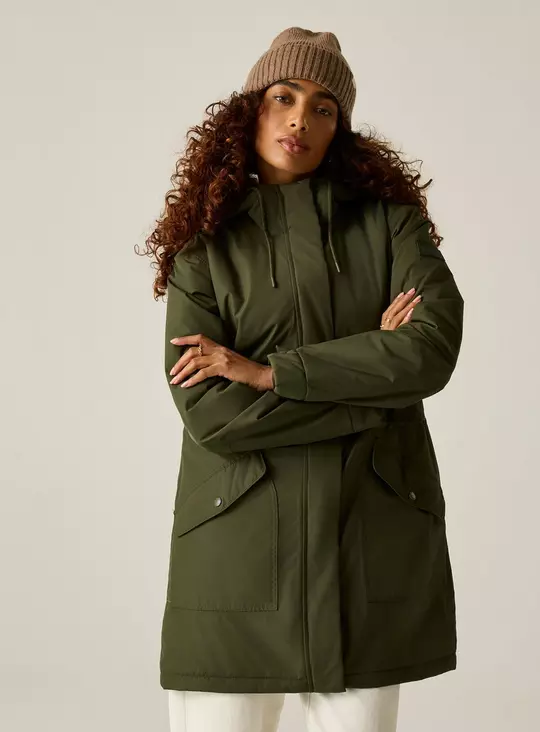 Olive Green Hooded Parka with Technical Fabric — Winter Coats for Women