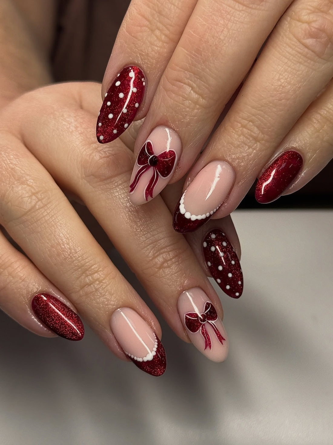 Deep Red Glitter Pale Pink White Visual Idea Deep Red Glitter Pale Pink White Visual Idea β Red and Green Christmas Nails 2026