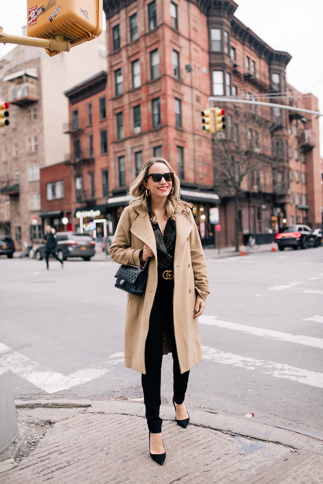 Black Sequin Top with Camel Coat and Trousers Black Sequin Top with Camel Coat and Trousers β Winter Date Night Outfits