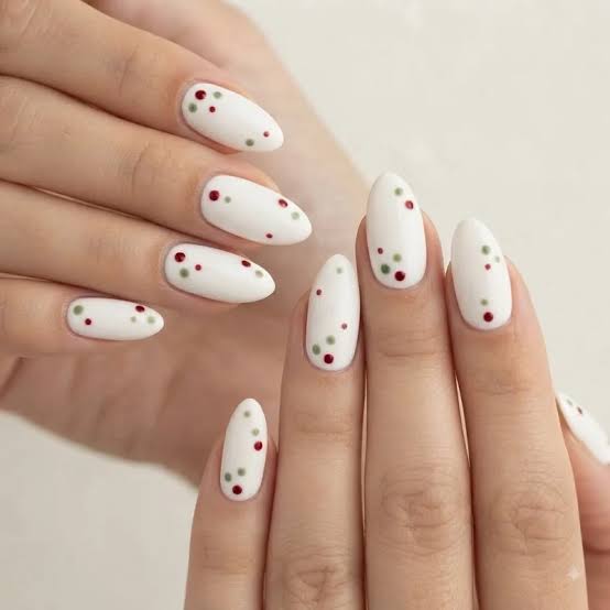 White Confetti Dot Almond Nails — Christmas Nail Designs 2026