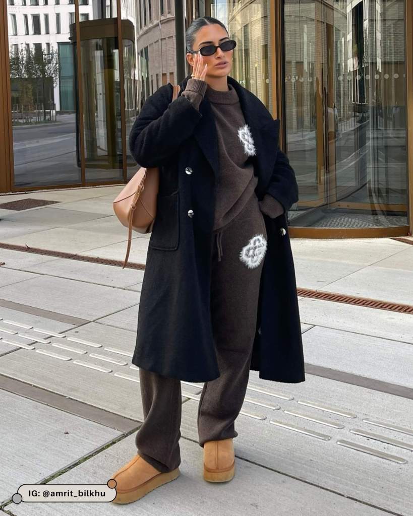 Black Wool Blend Coat with Knitwear and Sweatpants Black Wool Blend Coat with Knitwear and Sweatpants β Black Coat Outfits