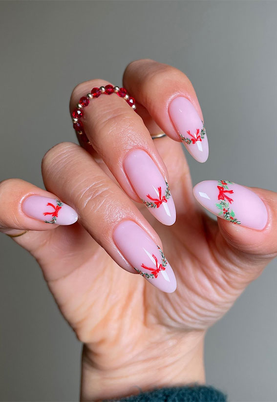 Pale Pink Christmas Wreath Bow Nails Pale Pink Christmas Wreath Bow Nails β Winter Bow Nails