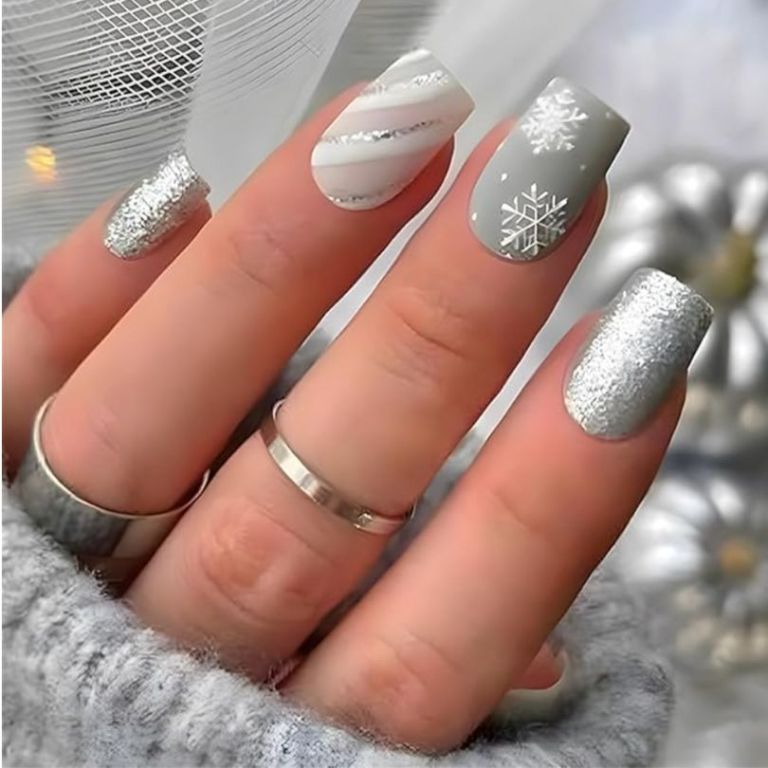 Medium Gray White And Silver Glitter Visual Idea — Winter Gray Nails