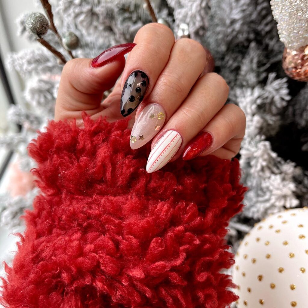 Glossy Red Almond Nails with Snowflakes Glossy Red Almond Nails with Snowflakes β Christmas Stiletto Nails 2026