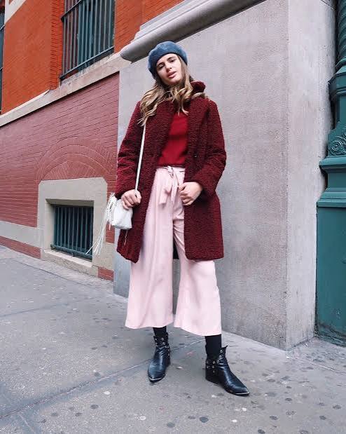 Burgundy Coat and Pink Trousers for a Stylish City Outing — December Outfits