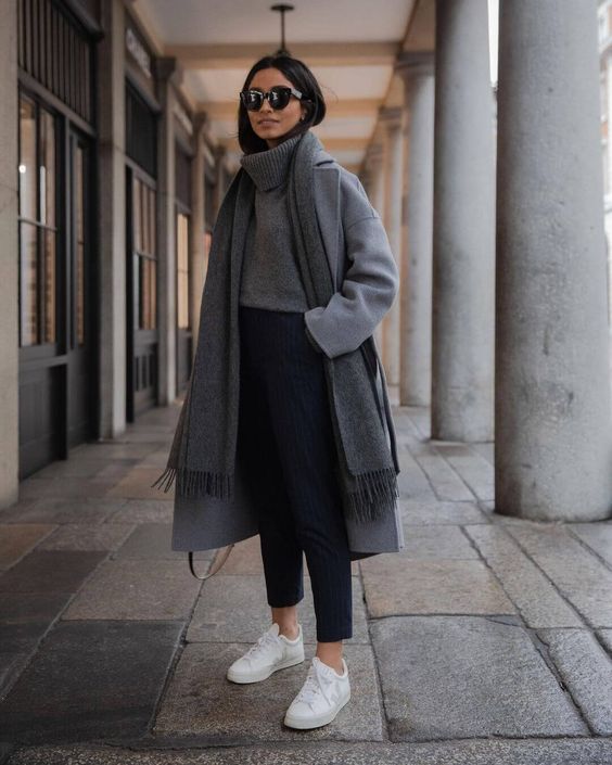 Monochromatic Grey Wool Coat Outfit with Sneakers — Wool Coat Outfits