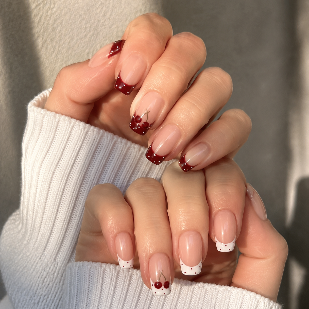 Nude French with Polka Dots and Cherry Art Nude French with Polka Dots and Cherry Art β Coquette Winter Nails