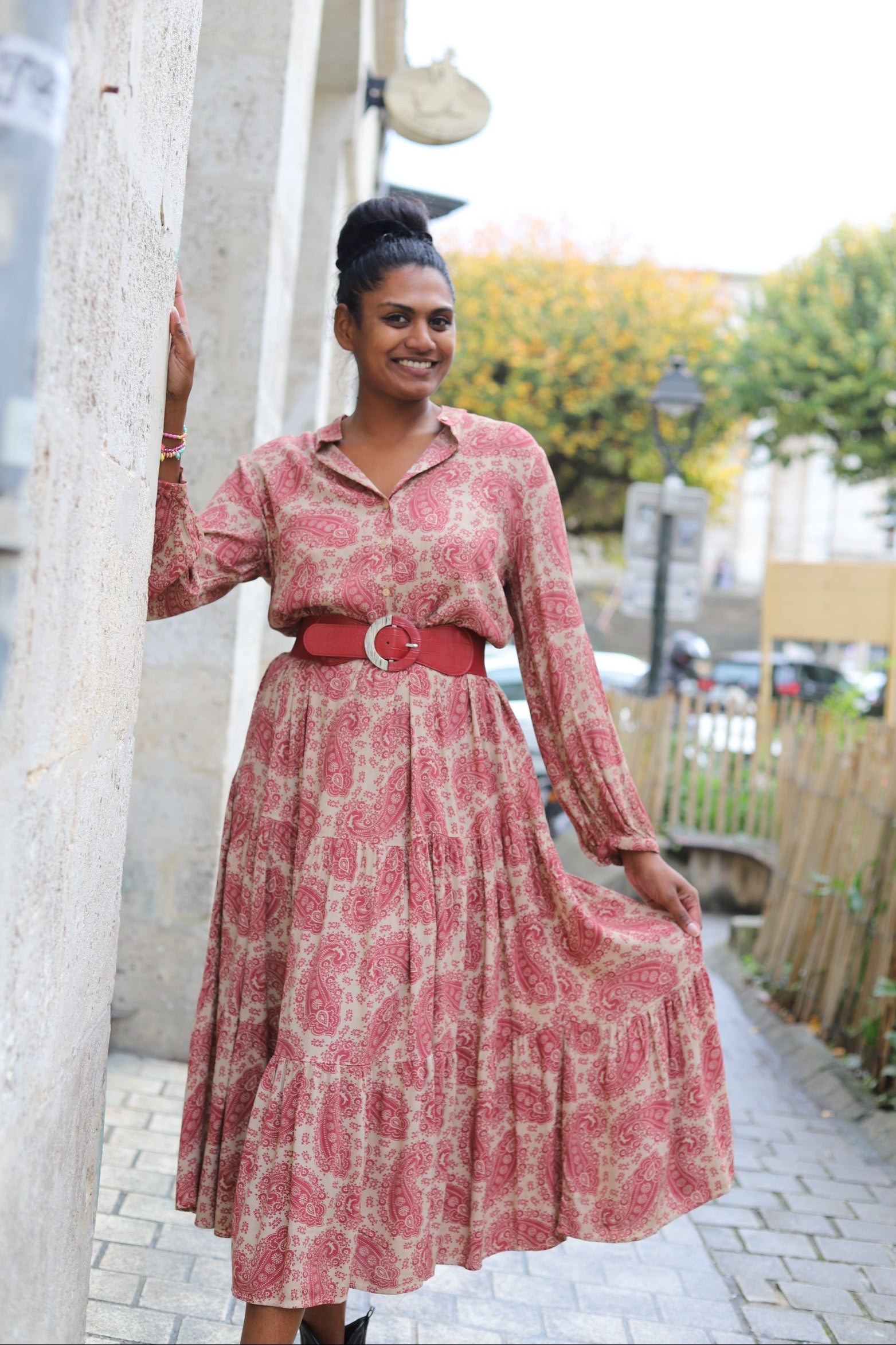 Pink Paisley Tiered Maxi Dress with Red Belt — Boho Winter Outfits