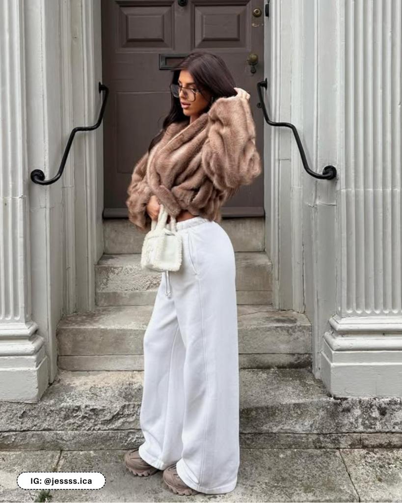 White Wide-Leg Sweatpants with Faux Fur Jacket White Wide-Leg Sweatpants with Faux Fur Jacket β Sweatpants Outfits