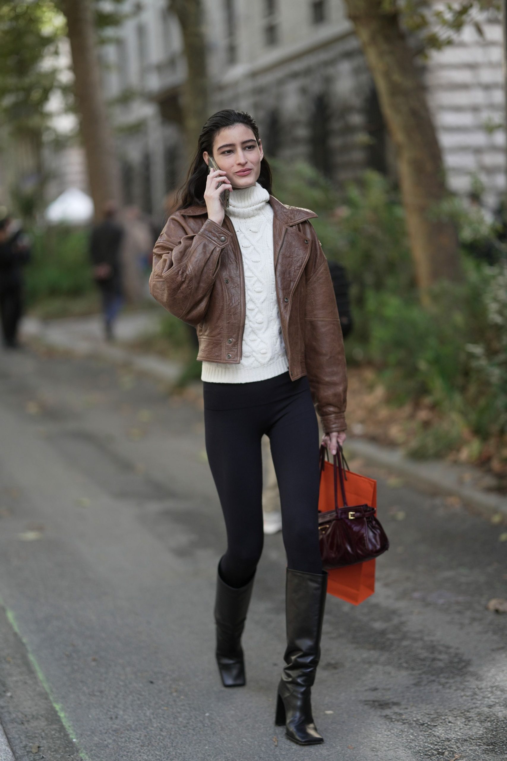 Sophisticated Layers: Black Leggings with Leather Jacket and Cable Knit Sophisticated Layers: Black Leggings with Leather Jacket and Cable Knit β Winter Outfits with Leggings