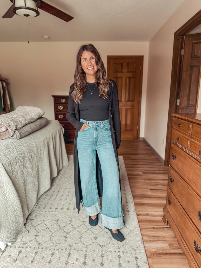Monochromatic Layers: Long Cardigan with Light Blue Jeans — Winter Outfits with Wide Leg Jeans