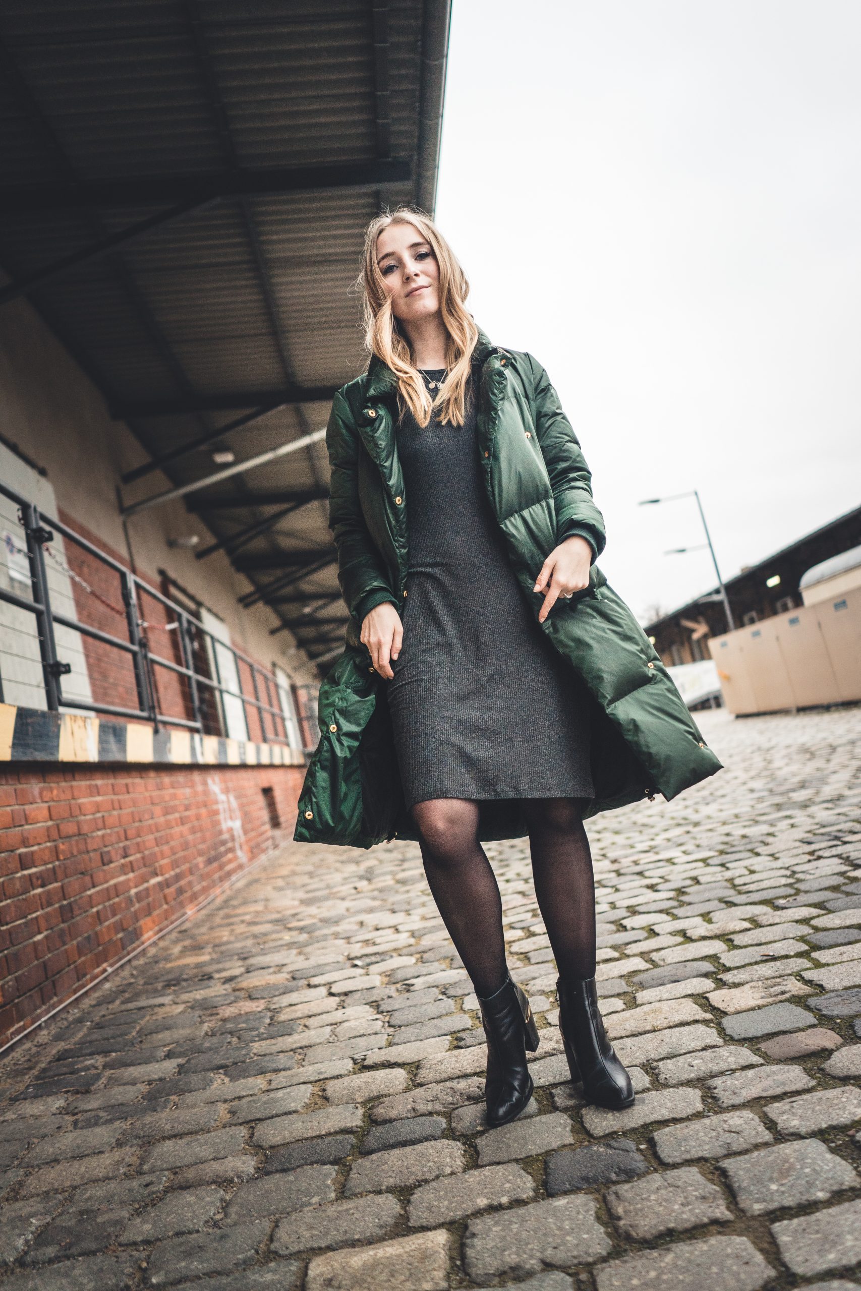 Grey Knit A-Line Dress with Puffer Coat and Ankle Boots Grey Knit A-Line Dress with Puffer Coat and Ankle Boots β Winter Dress Outfits