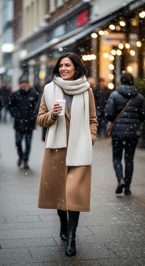 Camel Coat with Chunky Scarf in Snowy Setting — Casual Winter Outfits