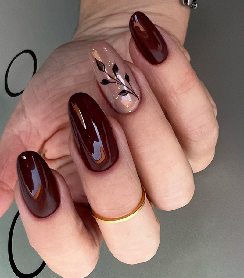 Medium Oval Burgundy Black Branch Nails — Everyday Winter Nails