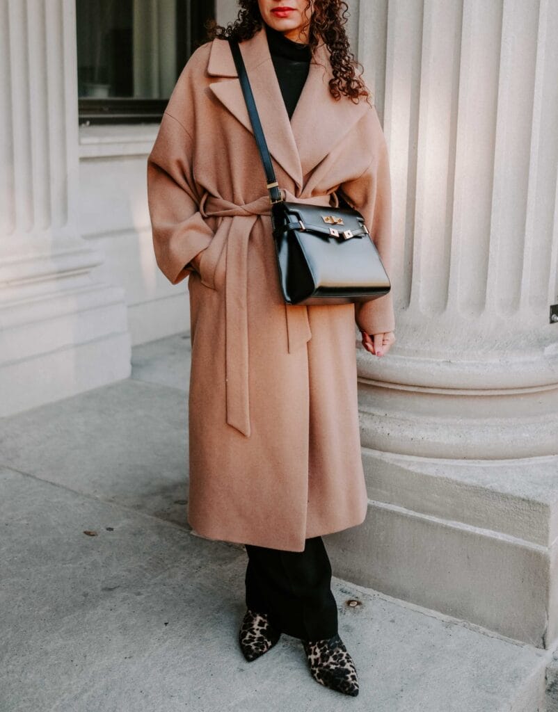 Camel Belted Coat with Leopard Print Heels Camel Belted Coat with Leopard Print Heels β Classy Winter Outfits