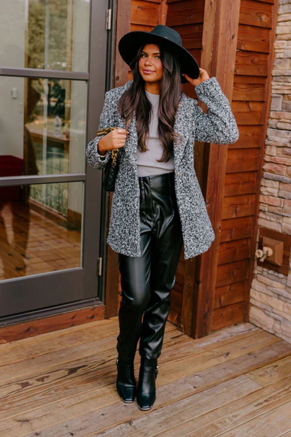 Textured Blazer with Faux Leather Pants and Wide-Brim Hat Textured Blazer with Faux Leather Pants and Wide-Brim Hat β Winter Concert Outfits