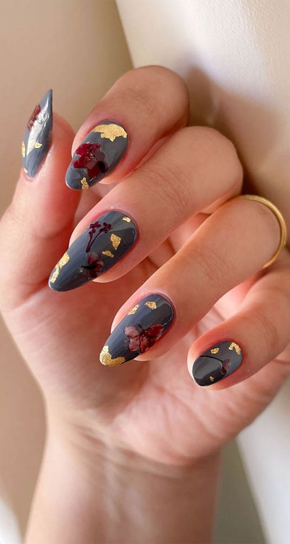 Dark Grey Base With Burgundy Florals Dark Grey Base With Burgundy Florals β Winter Nail Colors for Women Over 40