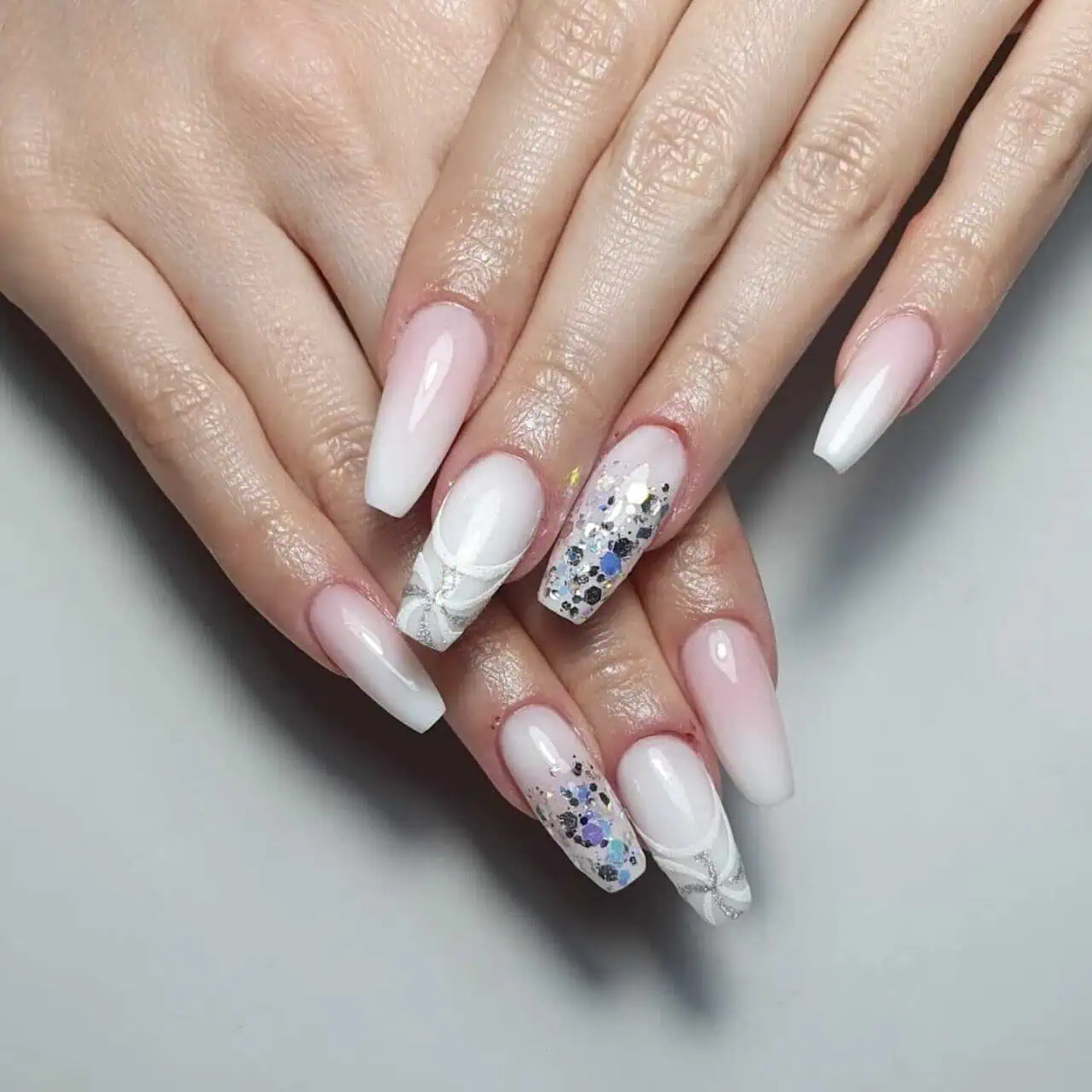 Long Coffin Pink White Gradient Butterfly Glitter — Simple New Years Nails 2027