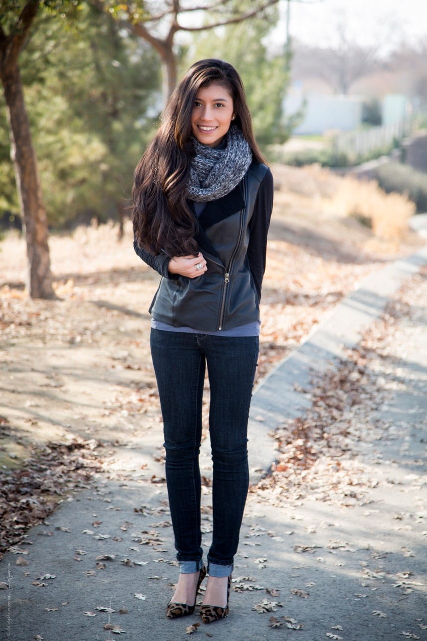 Grey Knit Scarf with a Moto Jacket — Scarf Outfits