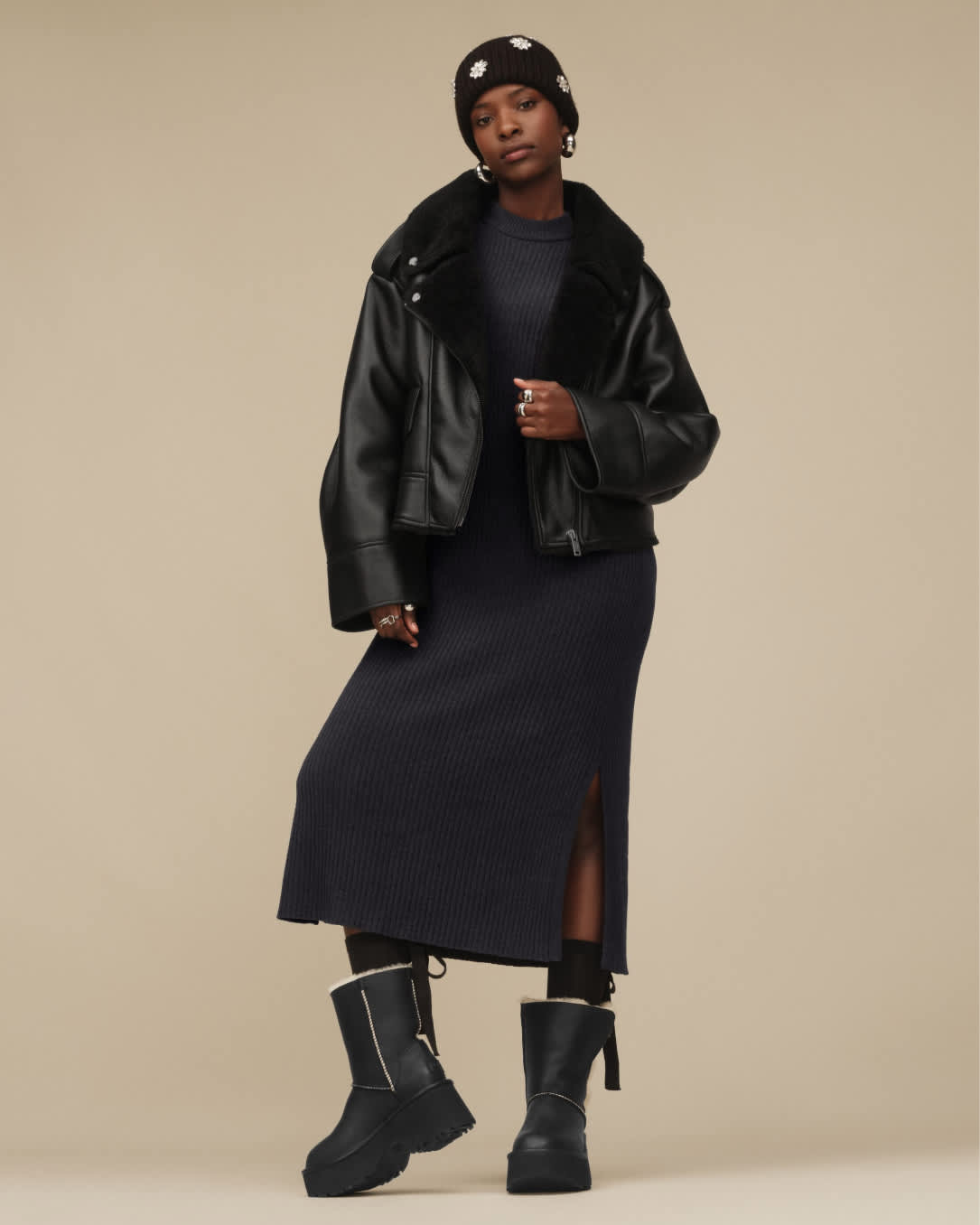 Shearling Jacket and Midi Dress: Textured Winter Casual — Europe Winter Outfits