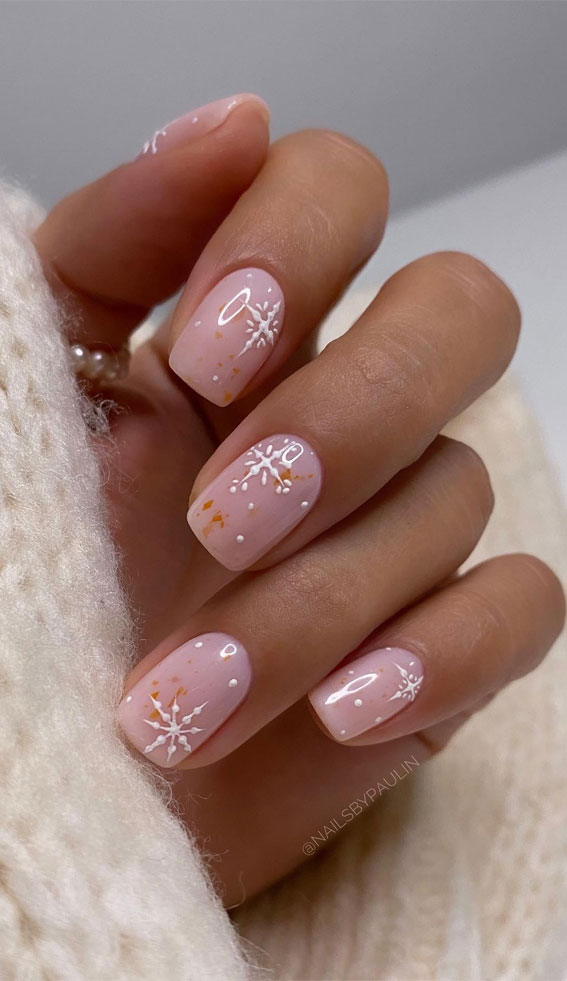 Pale Pink Accent Snowflake Nails Pale Pink Accent Snowflake Nails β Simple Short Christmas Nails 2026
