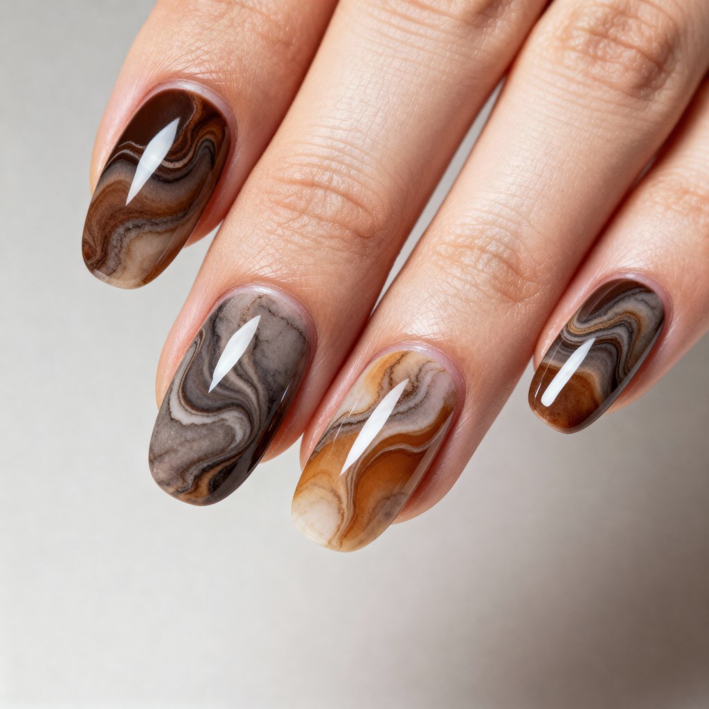 Brown Beige Grey Marble Nails — Cozy Winter Nails