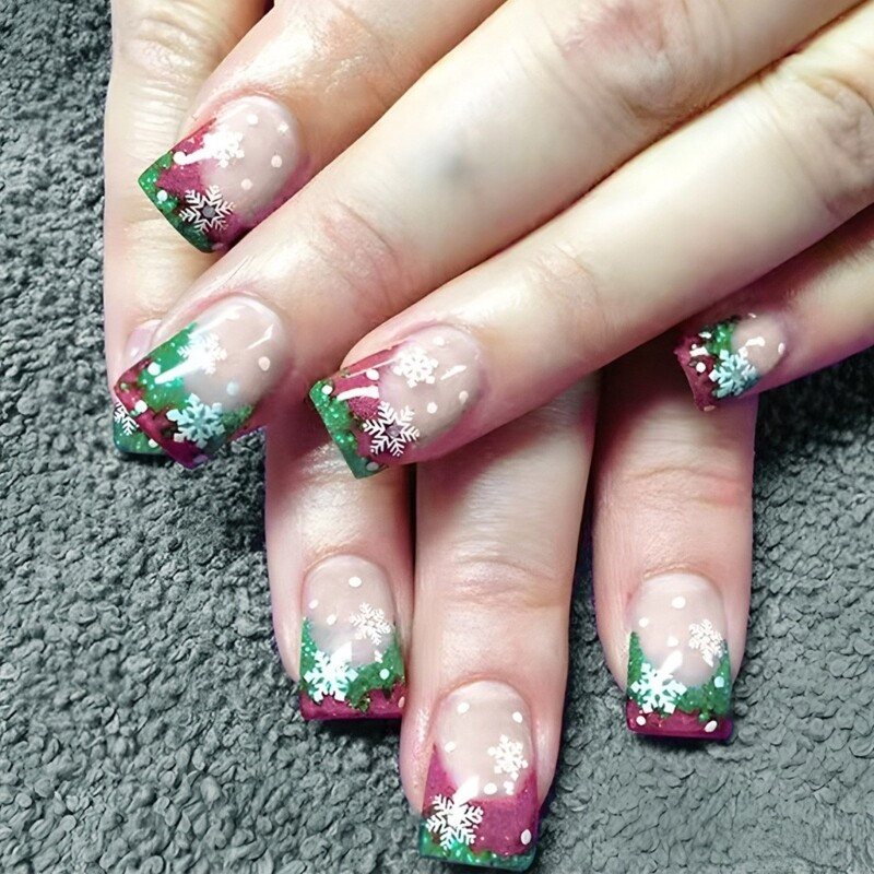 Glitter Red Green French Snowflake Nails Glitter Red Green French Snowflake Nails β Christmas Square Nails 2026