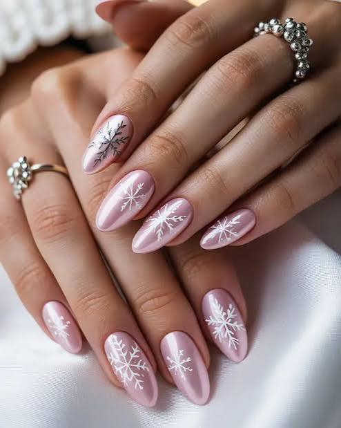 Pale Pink Metallic Snowflake Satin Nails Pale Pink Metallic Snowflake Satin Nails β Christmas Acrylic Nails 2026