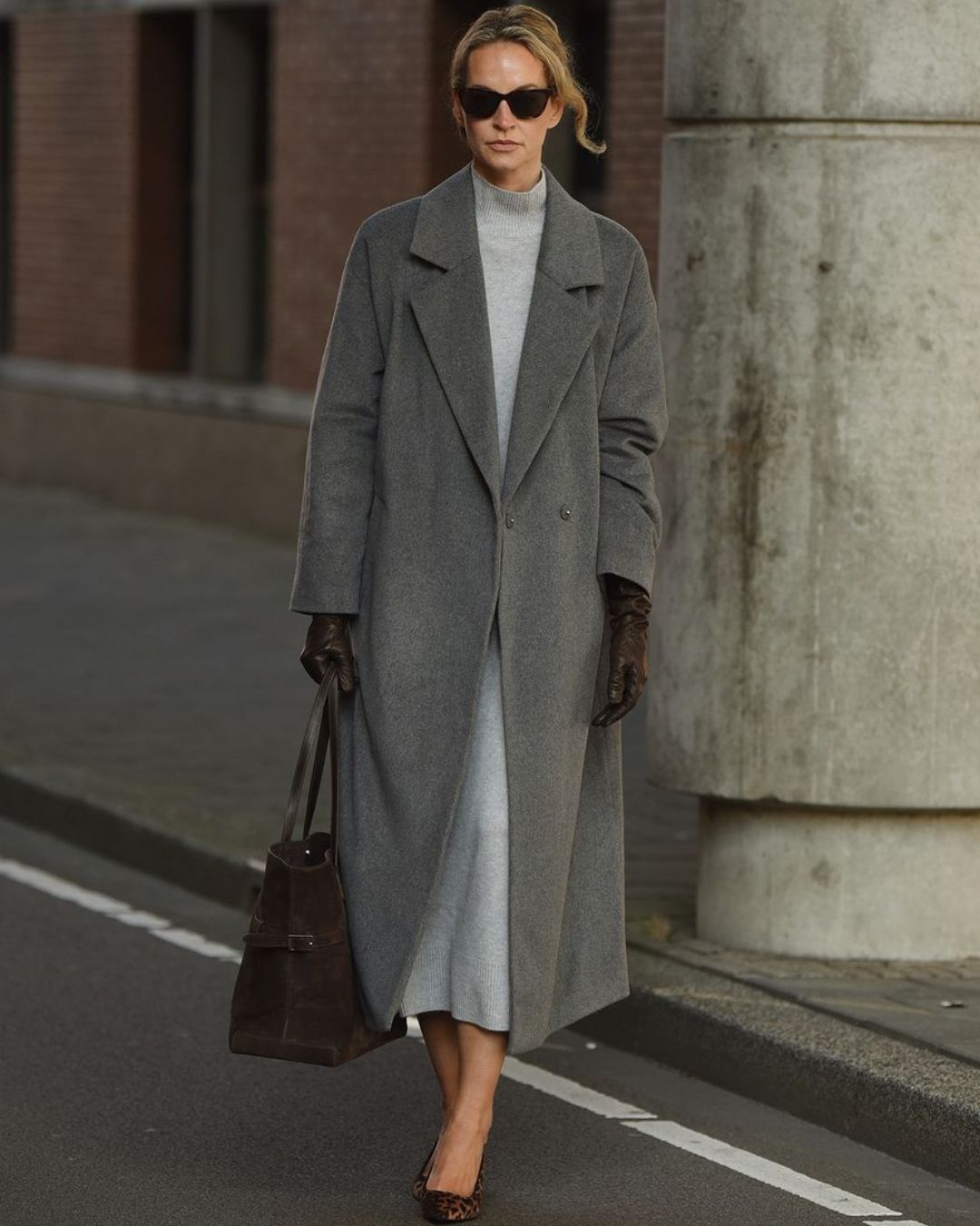 Brown Wool Coat over Black Knit Dress — Minimalist Winter Outfits