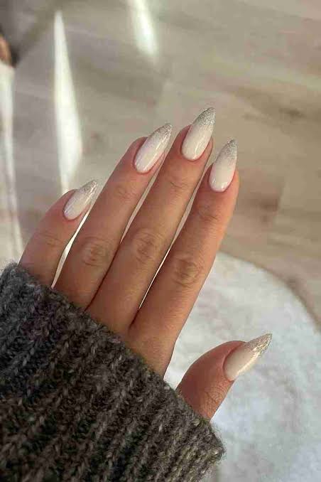 Nude Base with Silver Glitter Gradient Tips — Winter Glitter Nails