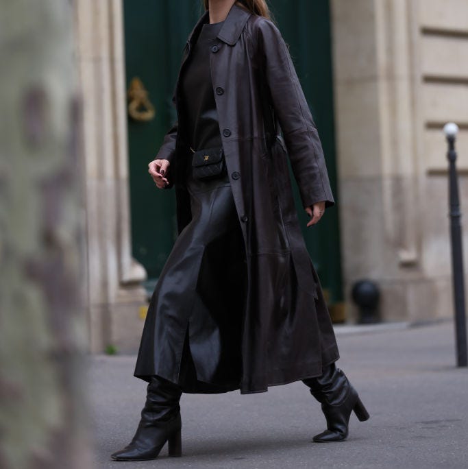 All-Black Leather Ensemble with Knee-High Boots and Trench Coat — Winter Boots Outfits