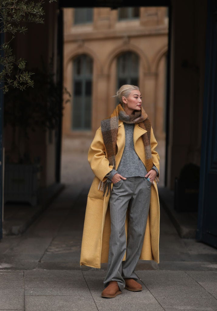 Vibrant Yellow Coat with Uggs and Pinstripe Trousers — Ugg Boots Outfits