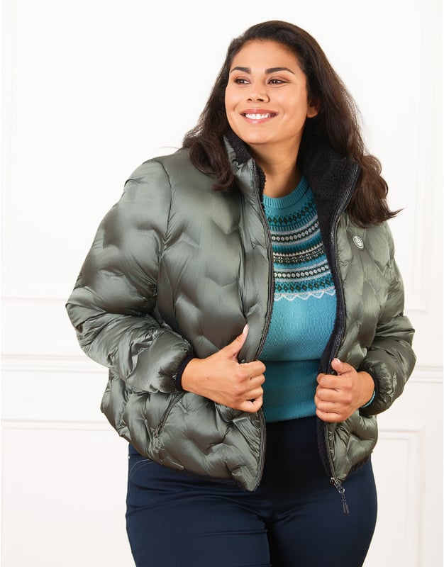 Khaki Green Puffer Jacket with Chevron Quilting and Black Leggings — Winter Puffer Jacket Outfits