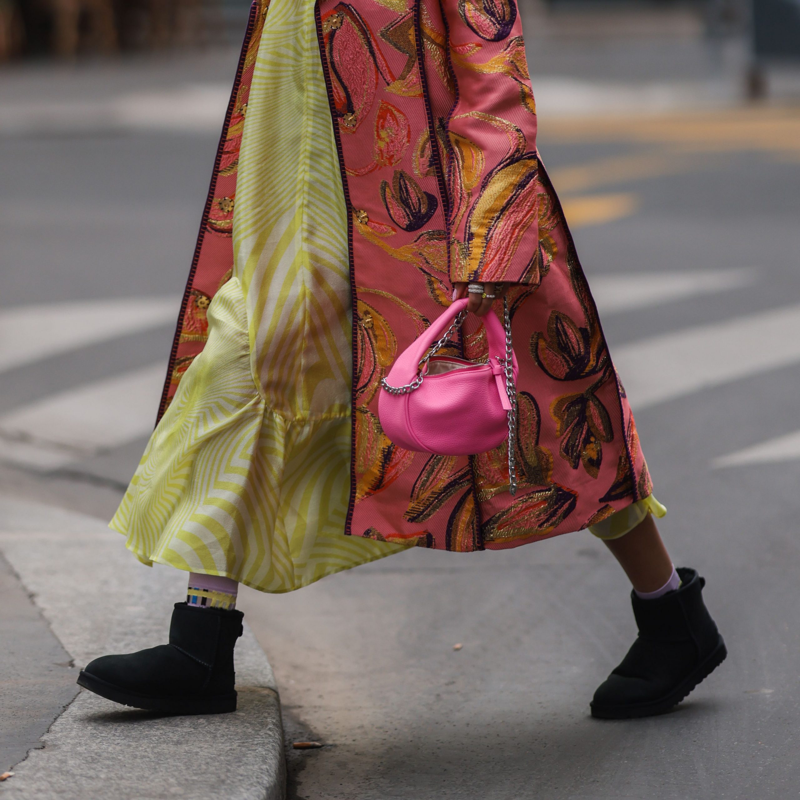 Bold Pattern Play: Black Ugg Boots with Vibrant Dress and Coat Bold Pattern Play: Black Ugg Boots with Vibrant Dress and Coat β Ugg Slippers Outfits