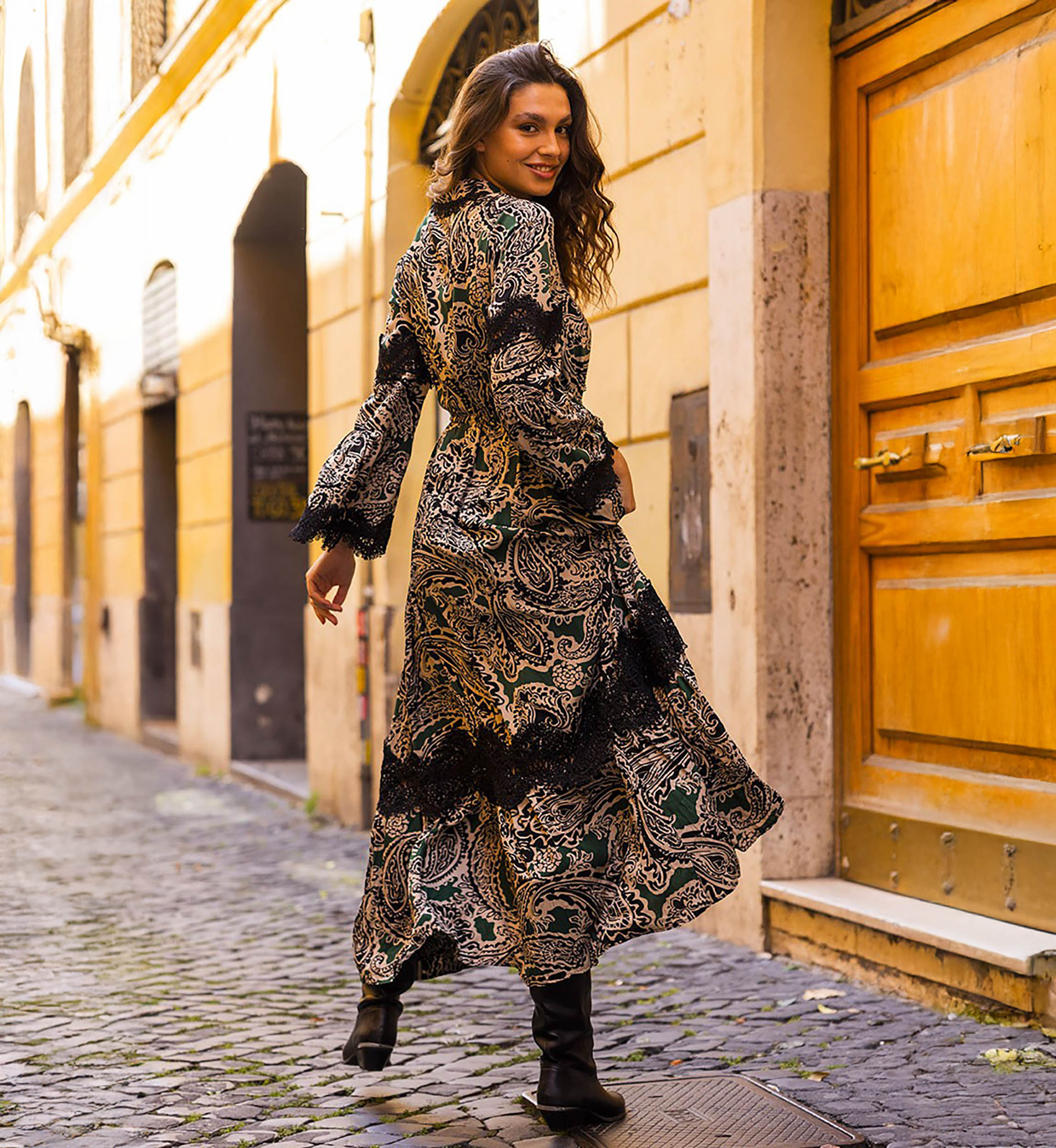 Paisley Print Maxi Dress with Lace Trim and Boots — Boho Winter Outfits